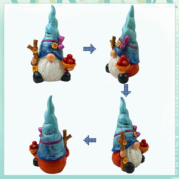 Solar Gnome Garden Lights, Outdoor Gnome Statue with Flowers & Apple, Solar Powered Fairy Garden Lights Gnome Decorations for Home Outside Yard Lawn Patio Gnomes Gifts (Blue)
