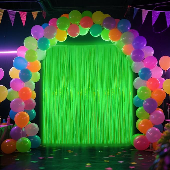 Glow in The Dark Party Supplies, 4 Packs Neon Party Decorations, Macaron Green Blacklight Reactive Fluorescent Tinsel Foil Fringe Curtains, Luminous Backdrop Streamers for Birthday, Photo Booth Prop