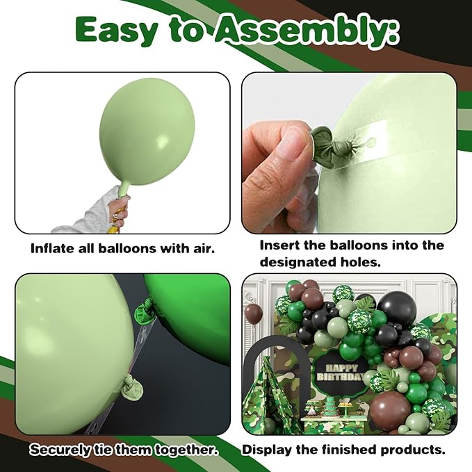 Camouflage Balloon Arch Kit,Camo Drak Green Avocado Green Black Balloons for Boys Kids Soldier Birthday Hunting Party Camping Jungle Safari Theme Baby Shower Party Decorations
