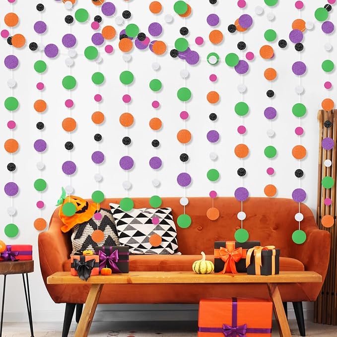 Outus 10 Pieces Orange,Black,Purple,Green,White Round Dots Garland Easter Graduation Party Hanging Decor Each Length 13.1ft Glitter Paper Dot Streamers for Birthday Wedding Classroom