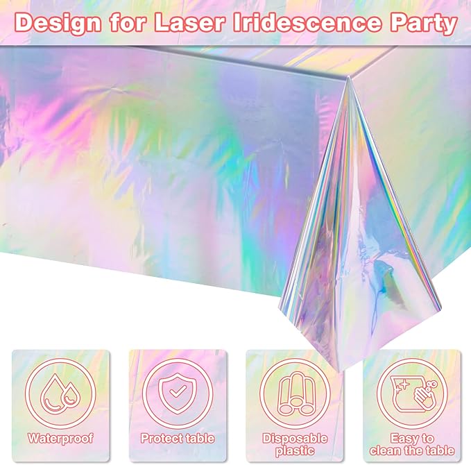 FunnyPars 4 Pack Iridescent Plastic Tablecloths, Shiny Disposable Laser Rectangle Table Covers, Holographic Foil Tablecloth Iridescent Birthday Party Supplies Decorations