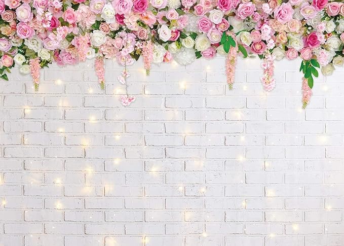 Flower Wall Backdrop Glitter White Brick Wall Mother's Day Flowers Photography Background Mother's Day Wedding Bridal Baby Shower Birthday Party Spring Theme Decor Photo Booth Props (8x6FT)