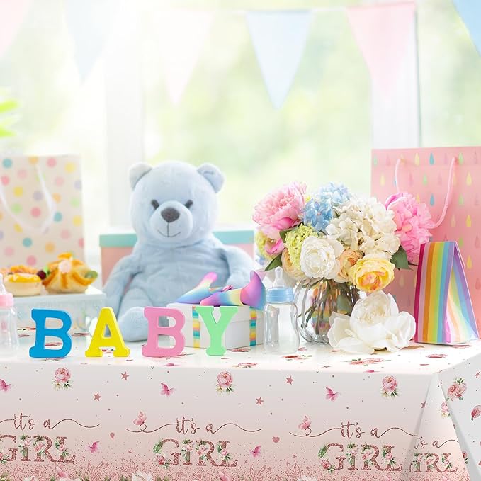 1 Pack Floral Baby Shower Tablecloth Decorations, It's a Girl Baby Shower Decorations, Pink Flower Gender Reveal Decorations for Girl, Plastic Disposable Baby Girls Table Cloth Party Decorations