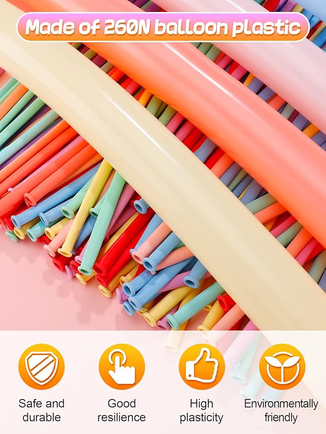 100 Pcs 260Q Balloons Kit with Pump - Kids Premium Latex Twisting Long Balloons to Make Animals Flowers, Pastel Color Party Balloons for Boys Girls Christmas Birthday Gifts Clowns Wedding Decoration