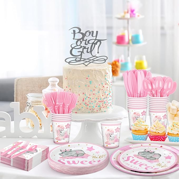 Dandat 350 Pcs Baby Shower Plates Set Baby Shower Party Supplies Serves 50 Tableware Sets Include Plates Napkin Cup Forks Knives Spoons Disposable Dinnerware(Elephant,Pink)