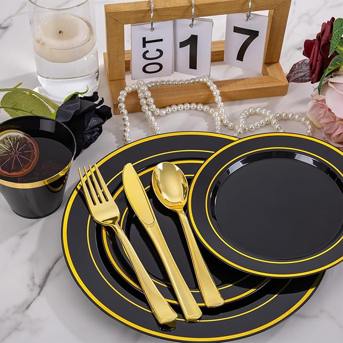 WELLIFE 600 PCS Black and Gold Disposable Dinnerware Set for 100 Guests, Gold rimmed Plastic Dinner Plates,Salad Plates,Cups,Silverware Set for New Year Party Supplies