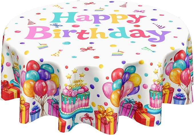 Happy Birthday Round Tablecloth 60 Inch Colorful Gift Birthday Hat Pattern Circle Table Cloth Holiday Table Cover Washable Polyester Decorations for Home Kitchen Dinning Party