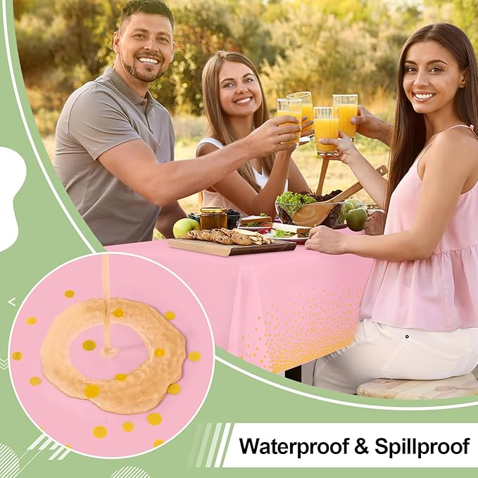 misaya 6 Packs Dot Disposable Table Cloth, 54 x 108 Inch Waterproof Plastic Tablecloth, Rectangle Gold Dots in Pink Table Covers for Easter, Picnic, Birthday, Party