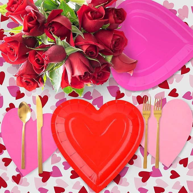 Valentine's Day Party Supplies Set for 48 Guests - Romantic Heart-Shaped Disposable Plates & Napkins with Love-Themed Plastic Tablecloth & Banner - Valentines Day Party Decorations