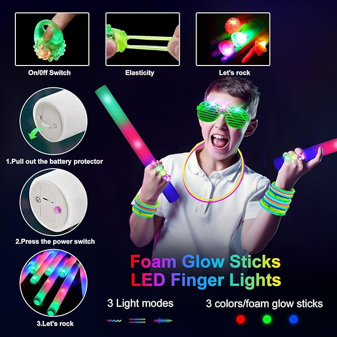 150 PCS Glow in the Dark Party Supplies, 16 Foam Sticks, 16 LED Glasses, 100 Glow Sticks and 18 Finger Lights for Neon Party, Wedding, Birthday, Concert, New Year, Carnivals, Raves