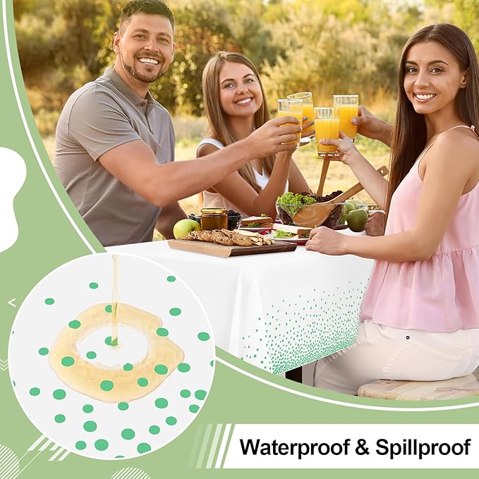 misaya 3 Packs Dot Disposable Table Cloth, 54 x 108 Inch Waterproof Plastic Tablecloth, Rectangle Green Dots in White Table Covers for Easter, Picnic, Birthday, Party