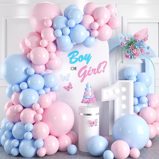 Pink and Blue Balloon Arch Kit, 100pcs Light Blue Macaron Pink Balloon Garland Kit for Gender Reveal, Different Sizes Baby Blue Pastel Pink Balloons for Baby Shower Wedding Birthday Party Decorations