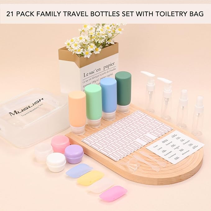 Muslish 21 Pack Travel Bottles for Toiletries, Leak-Proof TSA Compliant Silicone Travel Size Containers for Shampoo and Conditioner, BPA Free with Toiletry Bag (Green)