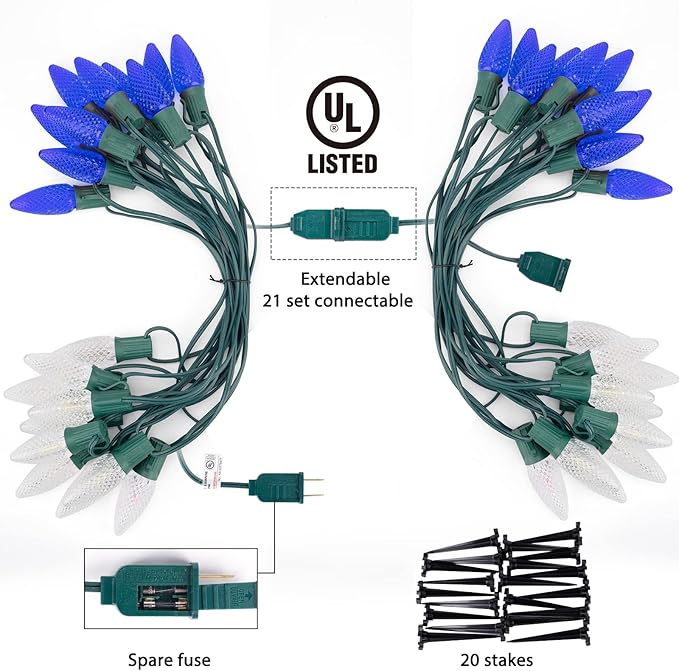 C9 LED Christmas Lights Outdoor with stakes, 25.7ft 20 LED Strawberry String Lights, Connectable Shatterproof Pathway Lights Marker for Path, Lane, Patio, Xmas Holiday Decorations, Blue and White