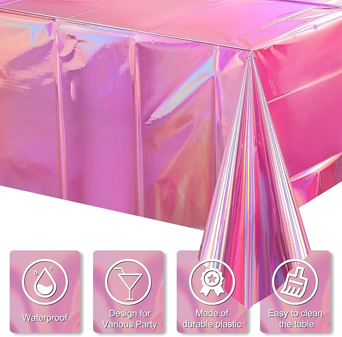 8 Pack Iridescent Pink Plastic Tablecloths, FunnyPars Shiny Disposable Laser Rectangle Table Covers, Holographic Foil Tablecloth Iridescent Party Decorations for Kpop Birthday Wedding Xmas, 54x108Inch