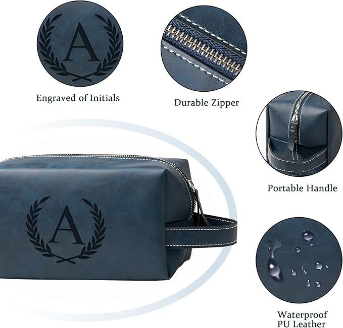 Personalized Gifts Travel Toiletry Bag for Men Engraved Initial PU Leather Waterproof Shaving Bag for Toiletries Accessories Fathers Day Birthday Gift for Men Dad Husband Son, Dark Blue J