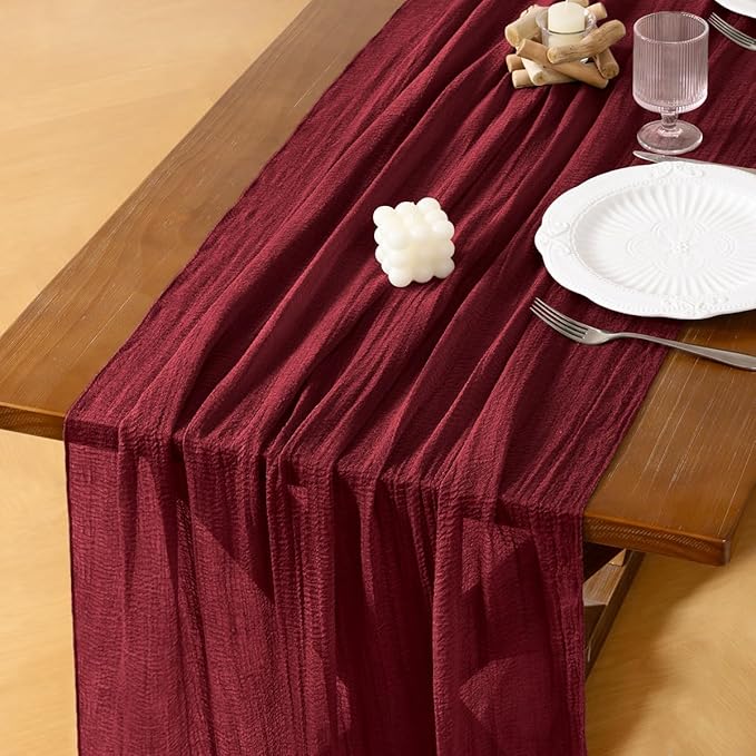 Socomi 3pcs Burgundy Gauze Cheesecloth Table Runner 120 Inch Rustic Boho Cheese Cloth Runner for Wedding Party Baby Bridal Shower Centerpiece Decoration Holiday Home Decorations