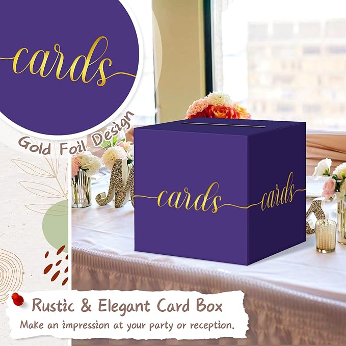 QIKSION Purple Graduation Card Box, Gold Foil Gift Card Box for Graduation, Party, Wedding Reception, Birthday, Baby Shower, Raffle