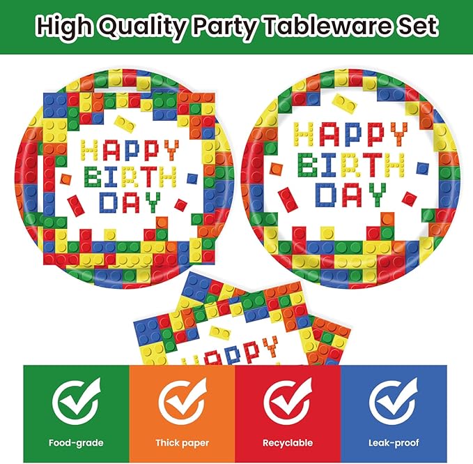 40Pcs Building Block Plates and Napkins Party Supplies, Disposable Colorful Building Block Birthday Party Plates Napkins Tableware Set for Boys Birthday Party Decorations Serve 20 (Building Block)