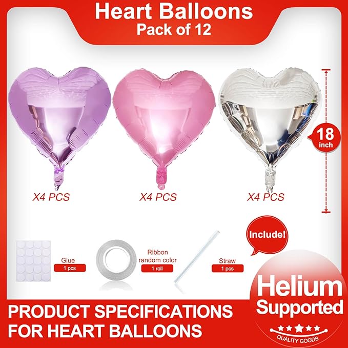 Pink Heart Shaped balloons Pack of 12,18 Inch Silver Love Valentine Balloons Purple Heart Romantic Balloons For Valentines Day Propose Marriage Wedding Bridal Shower Engagement Party Decorations