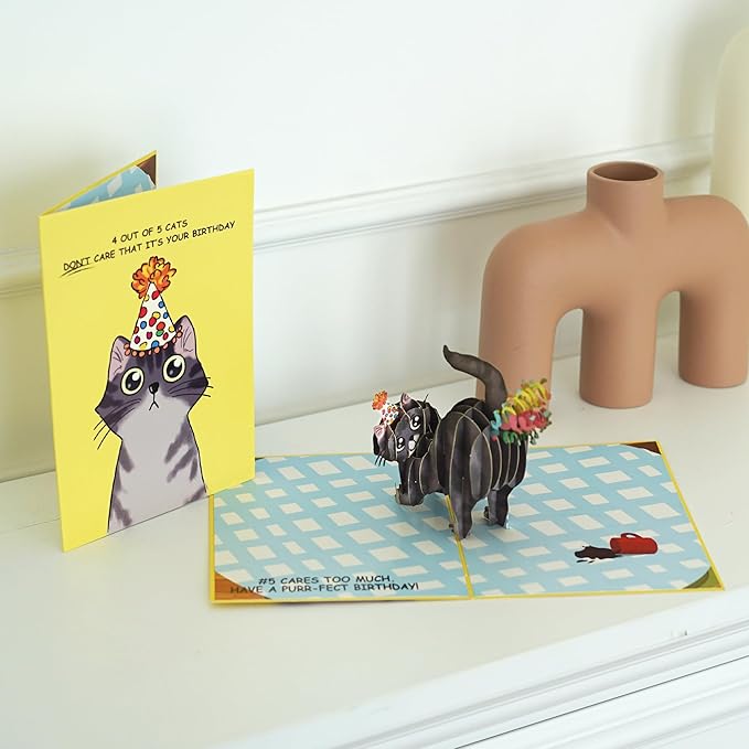 Dirty Pop Cards,Purr-fect Pop Up Birthday Card, 3D Cat Farting Confetti Funny Birthday Card, Cat Mom or Dad Bday Popup Cards for Husband, Wife, Friend, and Every Cat Lover, 1 Notepaper, 1 Envelope