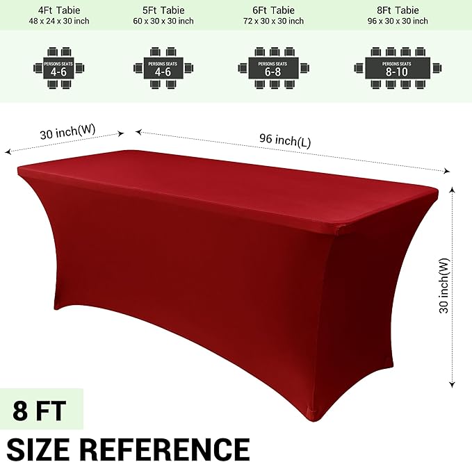 Obstal 8Ft Stretch Spandex Table Cover for Standard Folding Tables - 2 Pack Universal Rectangular Fitted Tablecloth for Party, Banquet, Events, Trade Show (Dark Red, 96L x 30W x 30H Inches)