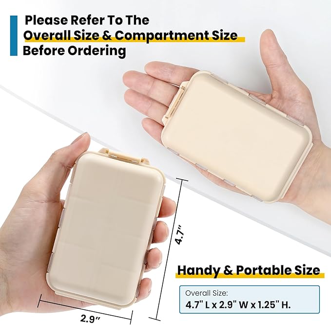14 GRIDS Travel Pill Organizer Box with Labels - Travel Medicine Case Kit - Pocket Daily Pharmacy Container - Travel Medication Holder Dispenser for Fish Oil Vitamin Supplement Storage - Khaki