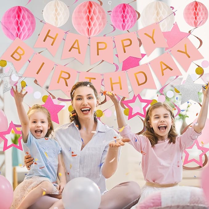 meowtastic Birthday Decorations, Happy Birthday Banner with Honeycomb Balls, Stars Hanging Swirls Streamers, Circle Dots Garland, Happy Birthday Party Decorations for Women Men Boys Girls (Pink)