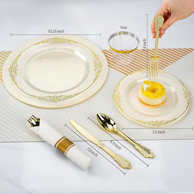 350PCS Clear Plastic Plates for 50 Guests, Disposable Dinnerware Sets Include 50 Gold Rim Plastic Plates, 25 Silverwares, 25 Cups, and 25 Pre Rolled Napkins for Party, Wedding and Graduation