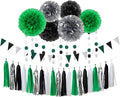 Black Green Silver Football Party-Decorations - 30pcs Soccer Graduation Streamers,Tissue Pom Poms,Tassel Garland Backdrop Men Boys Birthday Spring Sunmer Bunting Jungle theme Banner Lasting Surprise