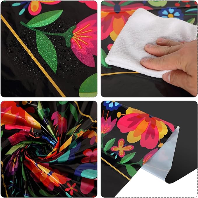 Oudain 3 Pcs Fiesta Tablecloth 108 x 54 Inch Plastic Tablecover Mexican Waterproof Tablecloth Disposable Table Cover for Taco Night Festive Mexican Fiesta Wedding Party Decoration (Black)