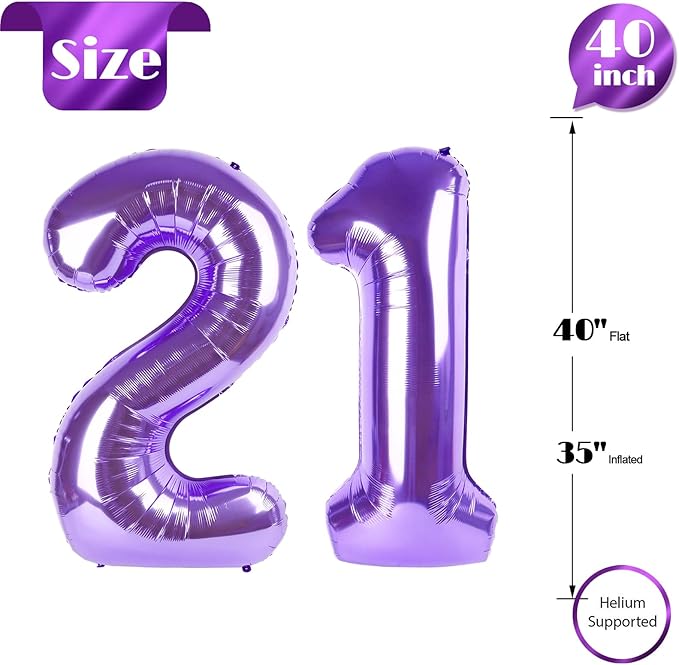 21 Balloon Number, Purple Number 21st Birthday Balloons 40 Inch, 21 or 12 Years Old Purple Birthday Decorations for Men Women Him Her, 21st Anniversary Decorations