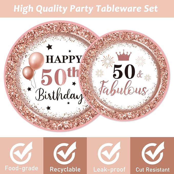 96 Pcs 50 and Fabulous Birthday Party Plates Napkins Tableware Set Rose Gold 50th Birthday Supplies Disposable Dinnerware Fifty Decoration Favors for Women, 24 Guests