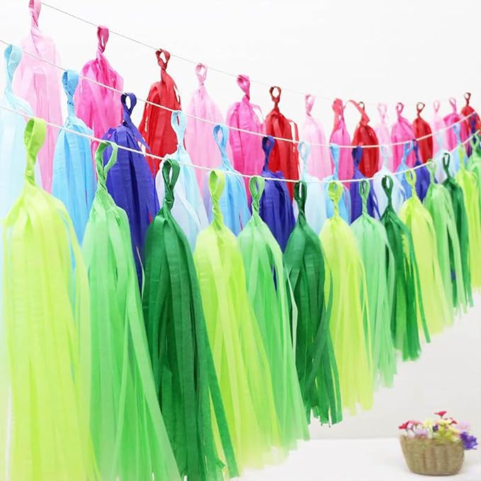Hot Pink Orange and Pink Tassel Garland Banner - Handmade Paper Tassels for Party Decorations, Wedding Backdrop, DIY Craft Projects (30-Pack)