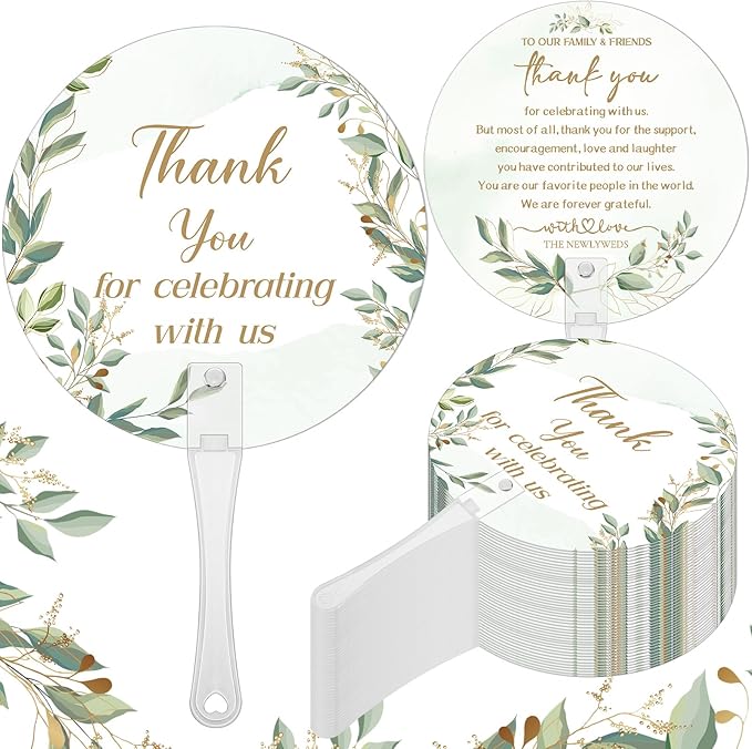 100 Pcs Wedding Hand Fans for Guests Bulk Decorative Plastic Handheld Wedding Favor Fans with Handle Thank You for Celebrating with Us for Ceremony Bridal Shower Party Decor(Leaf)