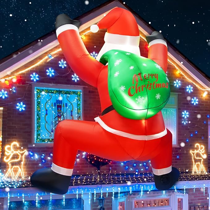 6FT Christmas Inflatable Decorations Hanging Santa Built-in Bright LEDs, Climbing Santa Claus with Gift Bag Christmas Roof Blow Up Yard Inflatables Decoration for Window Wall Outdoor Xmas New Year