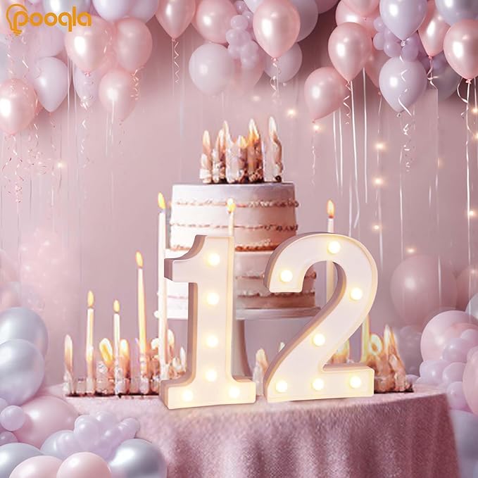 Pooqla Decorative LED Light Up Number Letters, White Plastic Marquee Lights Sign for 12th Birthday Party Wedding Decor, Battery Operated (12)