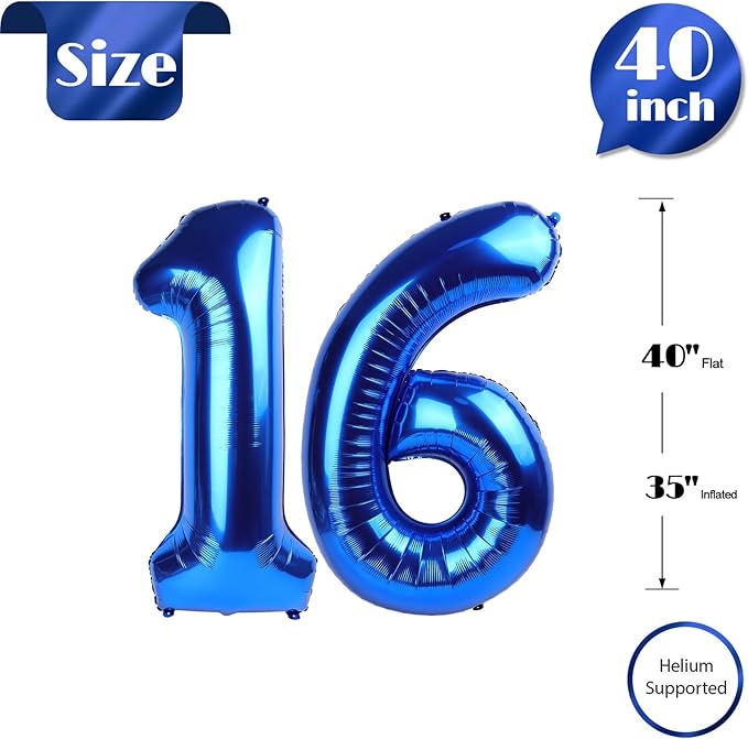 Navy Blue Number 16 Balloon 40 inch, 16 Number Balloons, 16th Navy Blue Birthday Decorations, 16 Year Old Girls Boys Blue Party Supplies