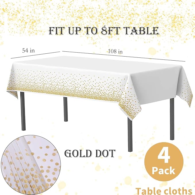 Yancorp 4 Pack White and Gold Tablecloth Disposable Gold Tablecloths for Rectangle 54" x 108" Plastic Tablecloth Party Table Covers for Birthday Thanksgiving Christmas Wedding Outdoor BBQ (White)