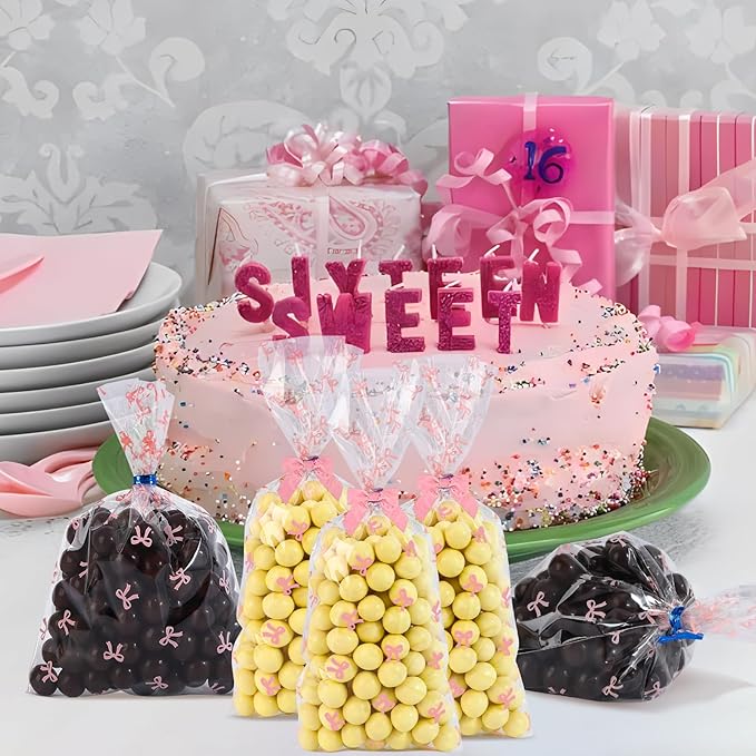 SOMIOCO Clear 5x7in 100PCS Cello Cellophane Treat Bags - Pink Candy Cookie Bags with Twist Tie for Birthday, Baby Shower, Wedding, Party (Bow Pattern)