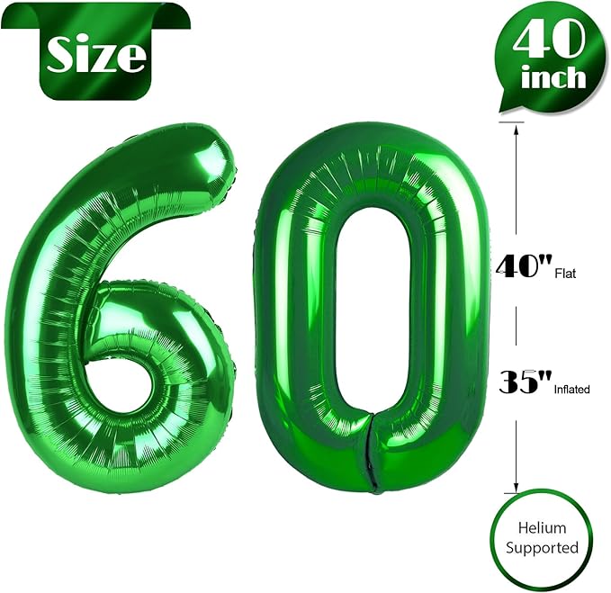 Green Number 60 Balloon 40 inch, 60th Green Birthday Decorations, 60 Year Old Women Men Party Supplies, St. Patrick's Day Games Theme Birthday Deco