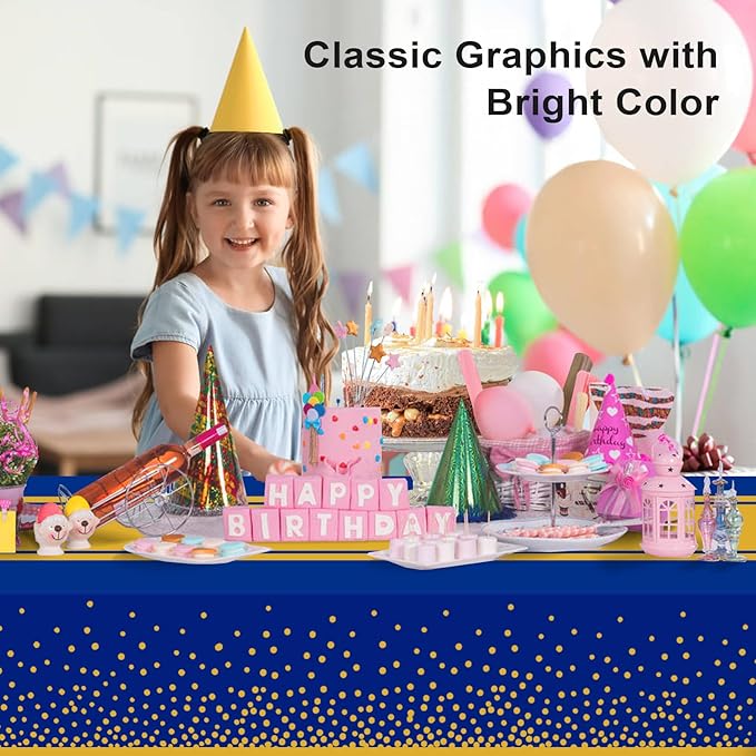 6 Pack Blue and Gold Tablecloth Party Decorations Plastic Blue Tablecloth Printed Gold Table Runner 54 x108 Inch Disposable Rectangle Table Cover for Birthday Wedding Graduation