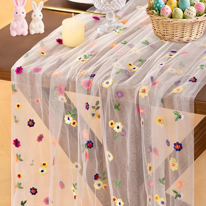 Socomi Ivory White Embroidery Daisy Spring Easter Floral Wildflower Tulle Gauze CheeseclothTable Runners for Wedding Party Baby Shower Birthday Holiday Picnic Home Decor 1pc