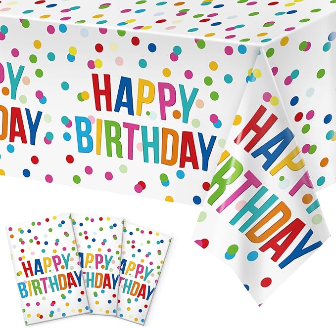 3pcs Birthday Tablecloth, Happy Birthday Decorations Set, Colorful Rainbow Dots Design with Happy Birthday Tablecloth. Waterproof Plastic Table Covers for Boys/Girls Party 54X108inch