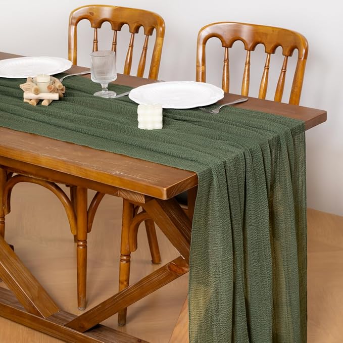 Socomi 3pcs Green Cheesecloth Table Runner Olive Easter Spring Gauze 120 Inch Rustic Boho Cheese Cloth Runner for Wedding Party Baby Bridal Shower Centerpiece Decoration Holiday Home Decorations