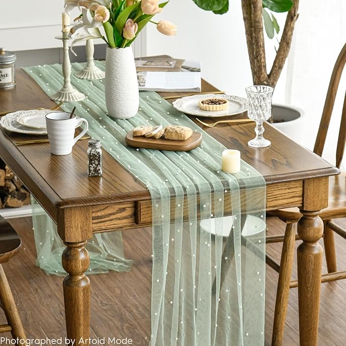 Artoid Mode 6PCS Pearl Grass Green Gauze Table Runner 120 Inch 10FT, Seasonal Sheer Dining Holiday Wedding Birthday Baby Shower Table Decor for Home Party