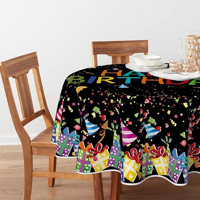 Horaldaily Birthday Tablecloth 90x90 Inch Round, Happy Birthday Ballon Black Washable Seasonal Table Cover for Party Picnic Dinner Decor