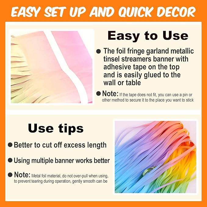 4 Pack 10 Ft Light Rainbow Foil Fringe Garland Metallic Streamers Tinsel Banner Wall Hanging Garland Backdrop for Parade Floats, Halloween, Christmas, Thanksgiving, New Year Party Decorations