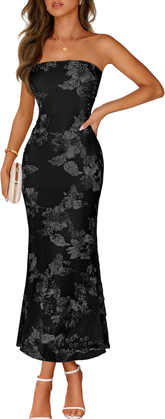 MEROKEETY Women's Floral Strapless Maxi Dress 2026 Summer Mesh Tube Bodycon Formal Wedding Guest Cocktail Party Long Dresses