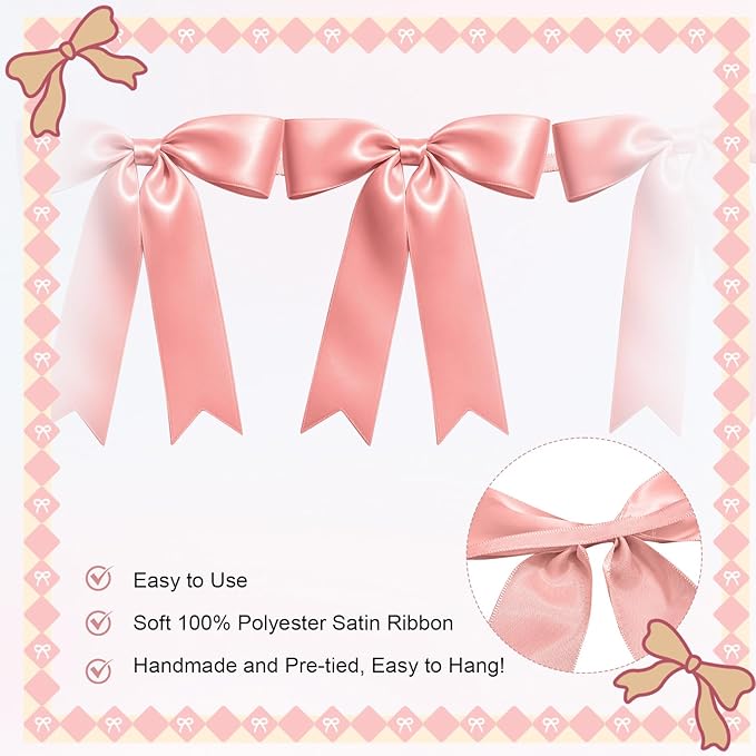 1 String of 8PCS Rose Pink Bow Garland Banner Decoration,Pre-Strung Satin Ribbon Ornaments for Birthday,Bachelorette Party,Bridal Shower,Wedding,Engagement,Baby Shower,Graduation Decor,Anniversary